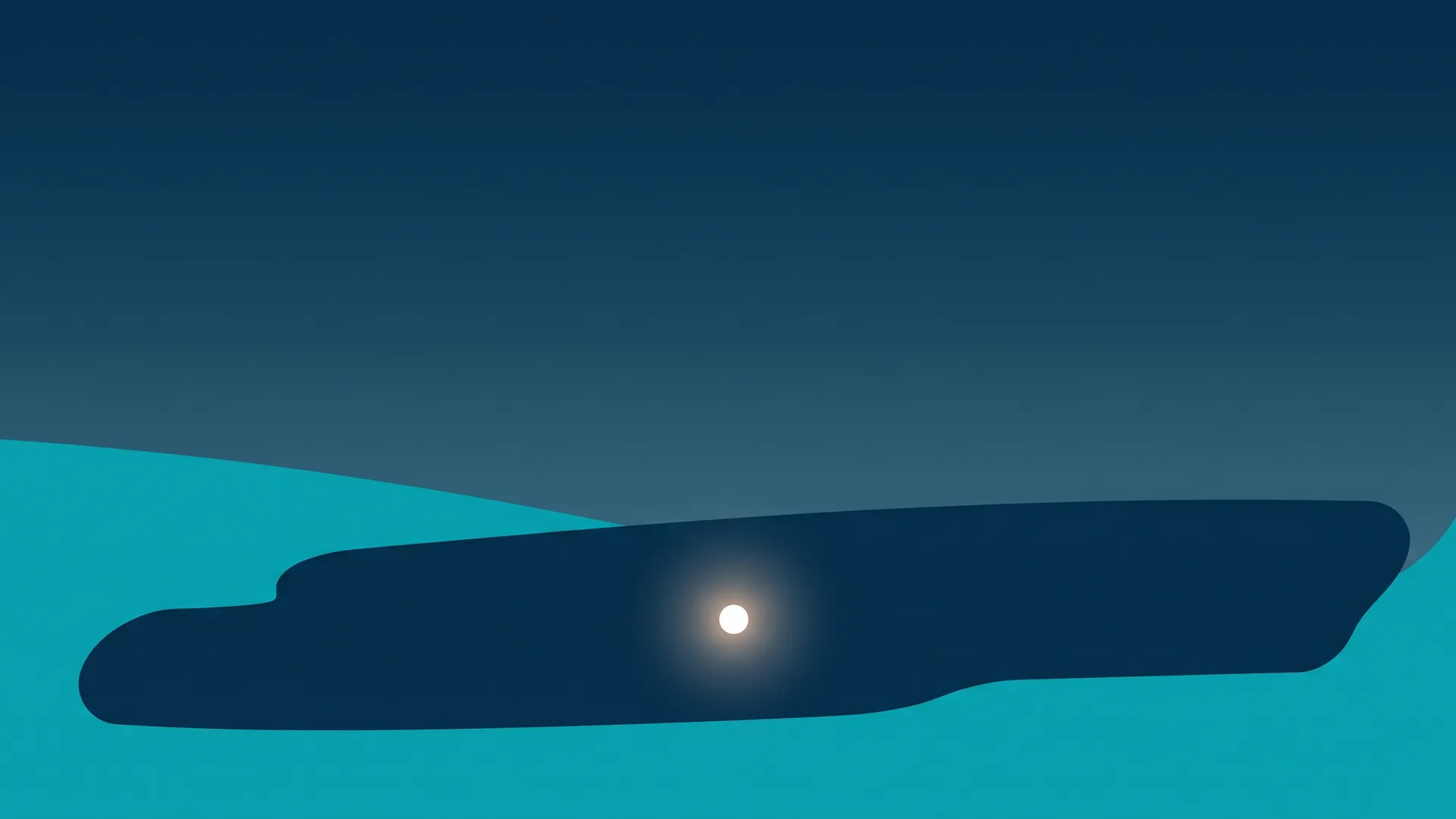 Abstract night illustration: a long dark silhouette low in frame with one small glowing teal light, deep navy sky
