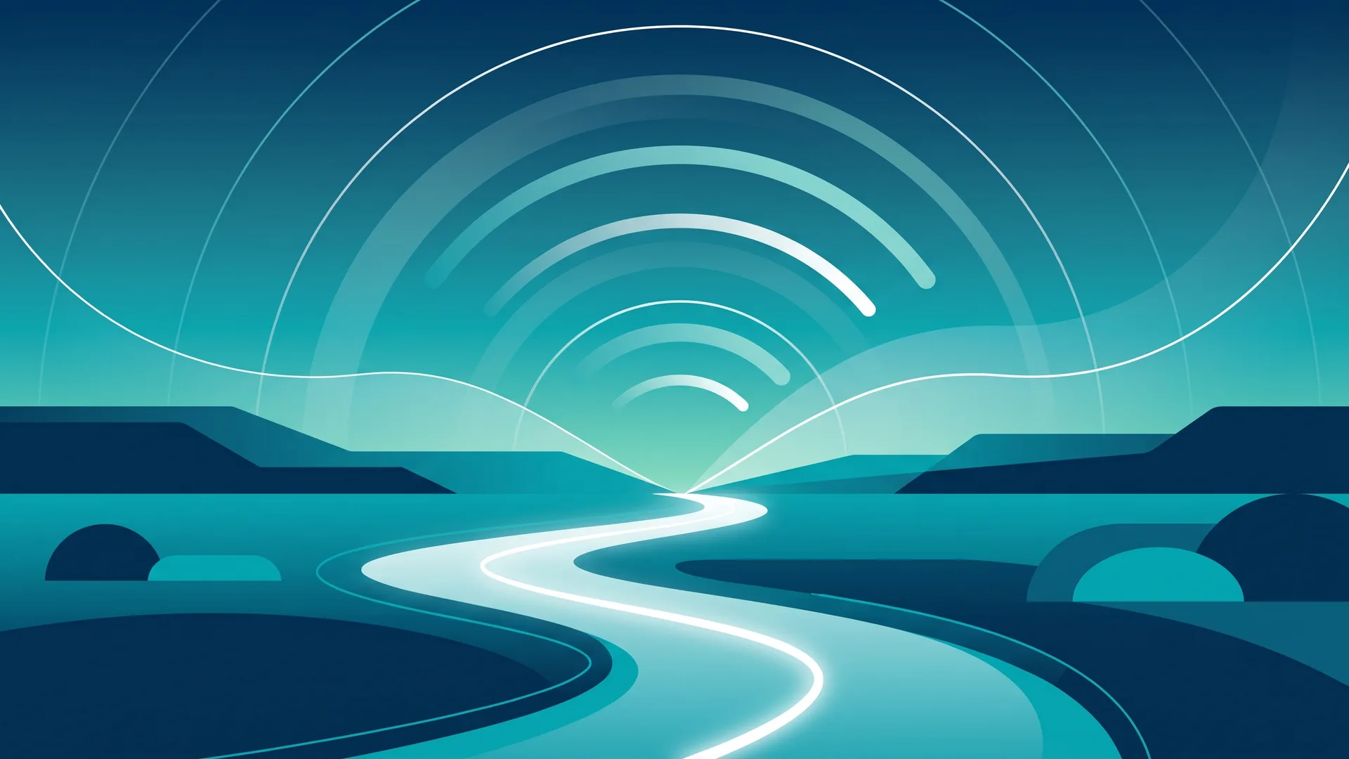 Abstract illustration: glowing road lines and radiating signal arcs against a teal-to-navy dusk gradient